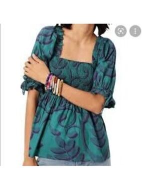 Anthropologie Porridge Off-Shoulder Boho Smocked Blouse XS Cotton Blend Green &